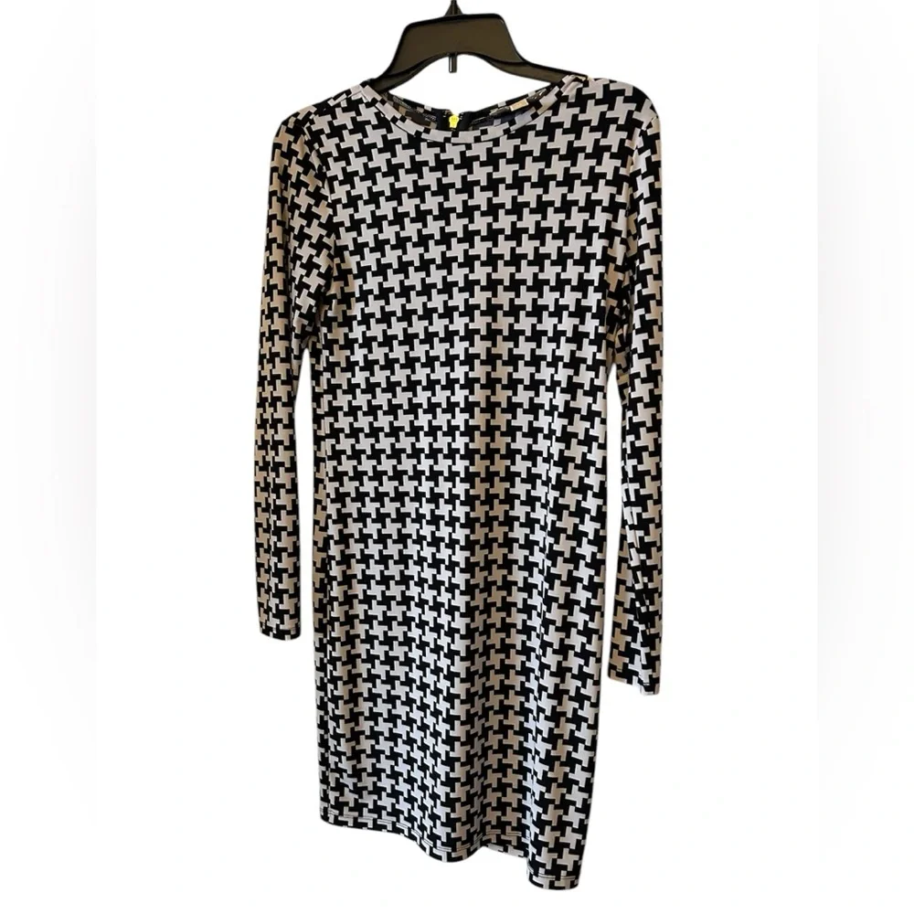Michael Kors‎ Black and White Houndstooth Dress Size XS Zip Back Gold Hardware